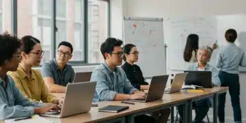 Adults learning and collaborating in a modern education program