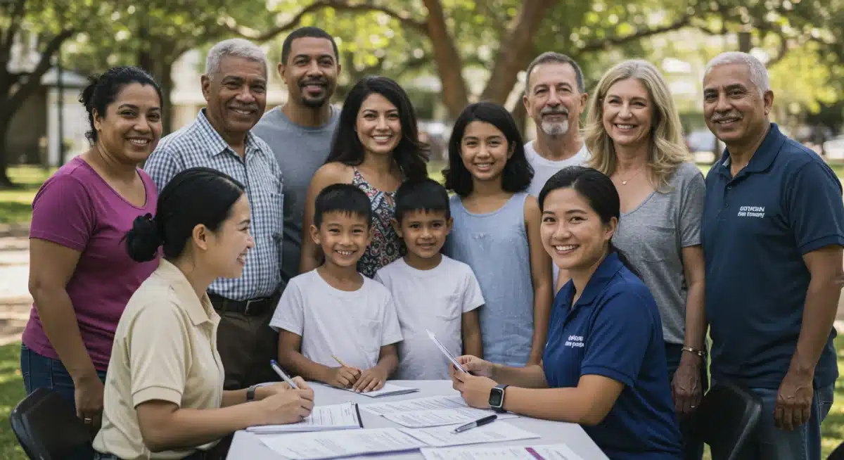 Diverse community members receiving government assistance and support