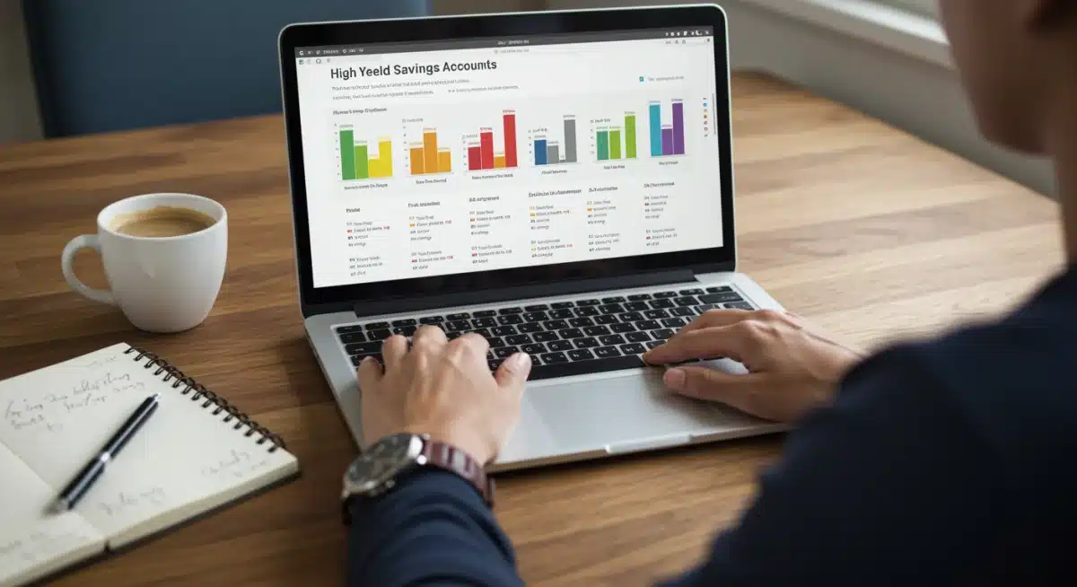 Individual comparing high-yield savings account rates on a laptop.