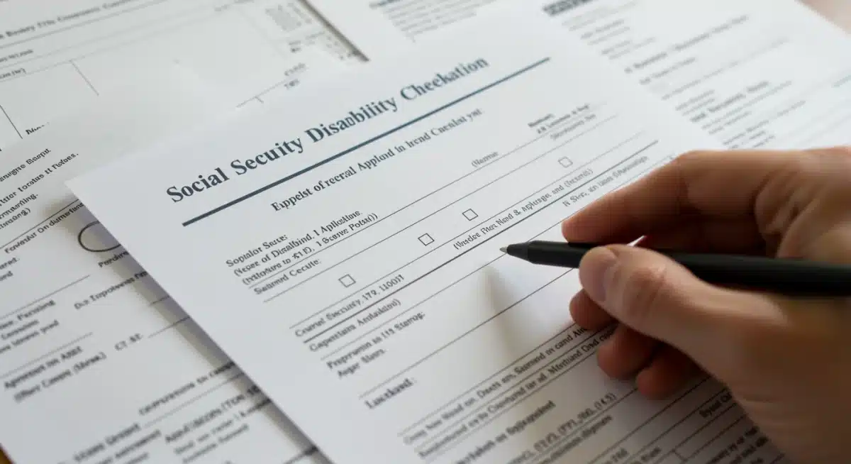Hand highlighting sections on Social Security Disability checklist