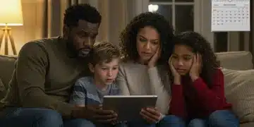 Family reviewing energy assistance program details on a tablet with a sense of urgency