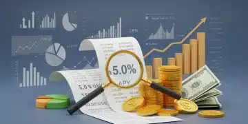 Illustration of high-yield savings growth with coins, dollar bills, and a magnifying glass over a 5.0% APY statement.