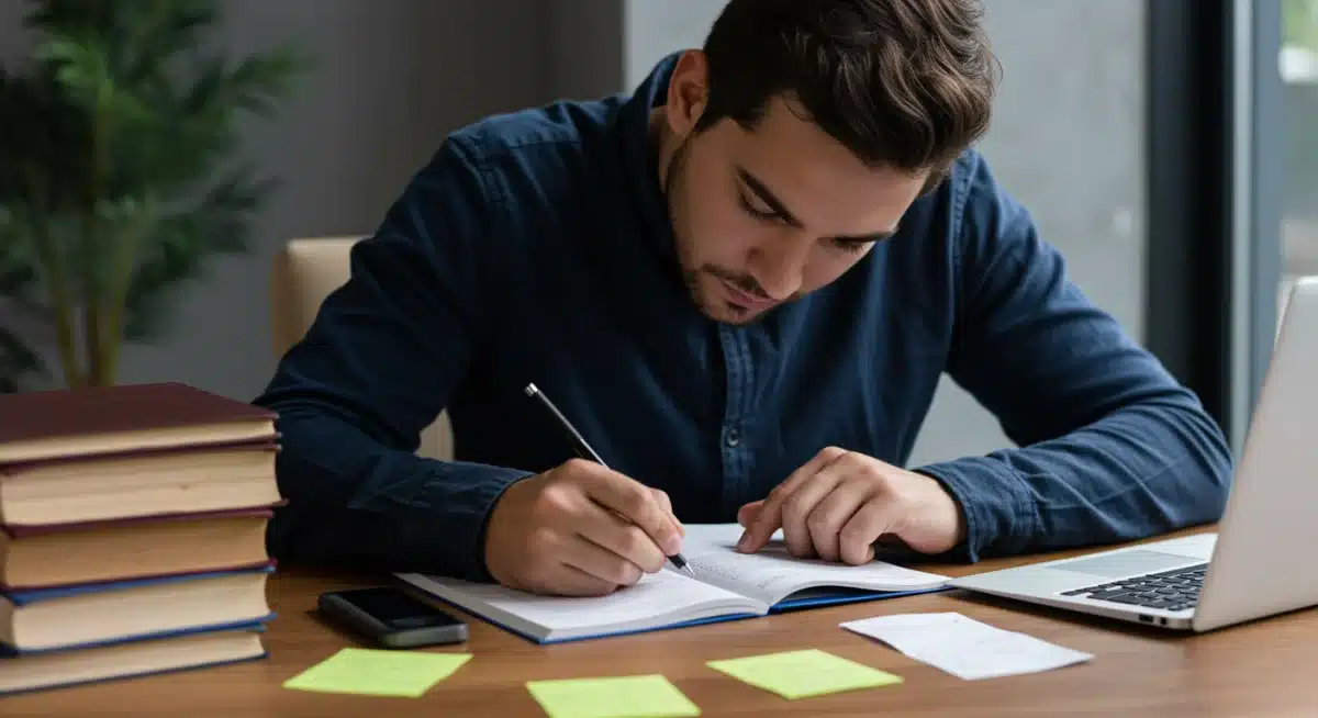 Student writing a scholarship essay with intense focus.
