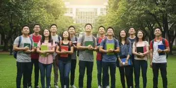 Students celebrating full-ride scholarship success on a university campus.