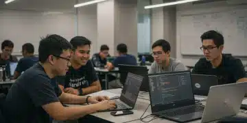 Students learning coding in a modern tech bootcamp classroom