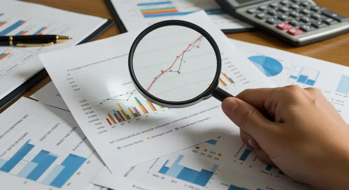 Hand with magnifying glass analyzing consumer spending and inflation data reports