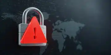 Digital lock with red alert over binary code, symbolizing a major cybersecurity breach affecting US accounts.