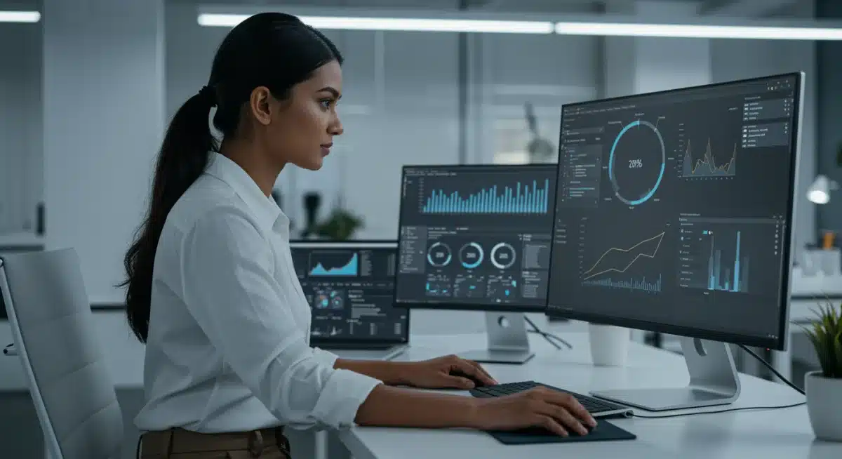 Professional analyzing data on a computer in an office