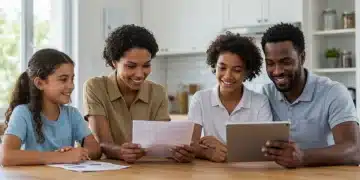 Optimistic family reviewing federal benefit documents at home