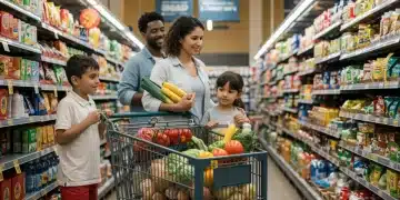 Family smiling while grocery shopping, representing the positive impact of increased SNAP benefits