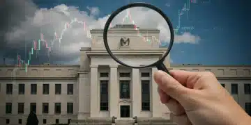 Federal Reserve building with financial charts and magnifying glass symbolizing policy analysis