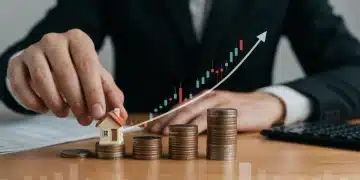 Hand placing house on coins with rising interest rate graph