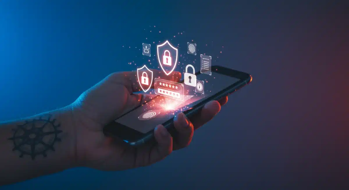 Hand holding smartphone displaying security icons, representing multi-factor authentication and strong passwords.