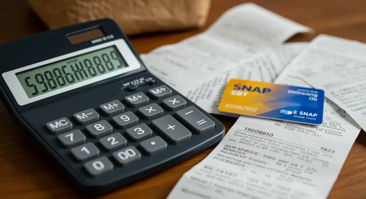 Calculator showing 15% increase with SNAP EBT card and grocery receipts, symbolizing benefit changes