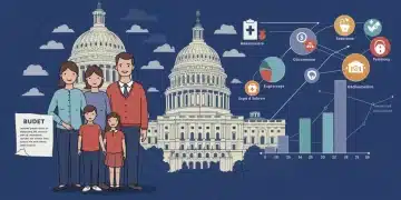 Family observing a chart of the 2026 federal budget impacts on U.S. households