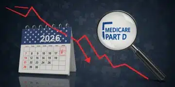 Senior citizen smiling, holding a prescription bottle, with a graph showing reduced drug costs and a 2026 calendar.