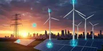 Illustration of a modernized U.S. energy grid with solar, wind, and smart technology.