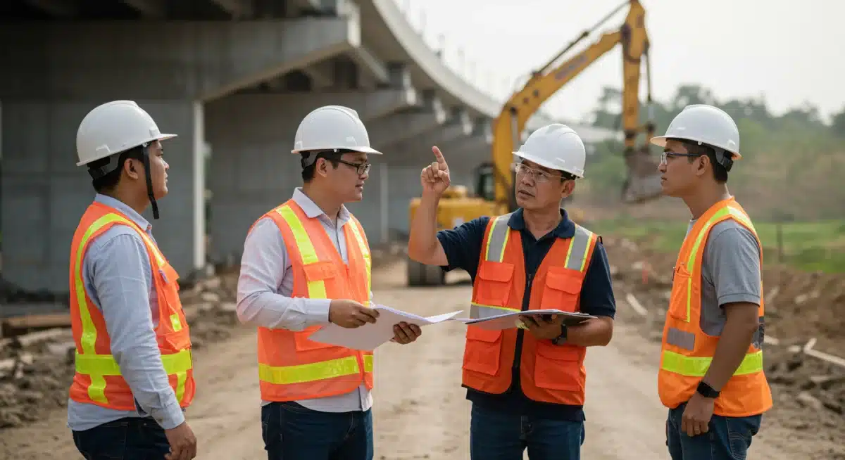 Construction workers and engineers collaborating on a new bridge project, symbolizing infrastructure development and job creation.