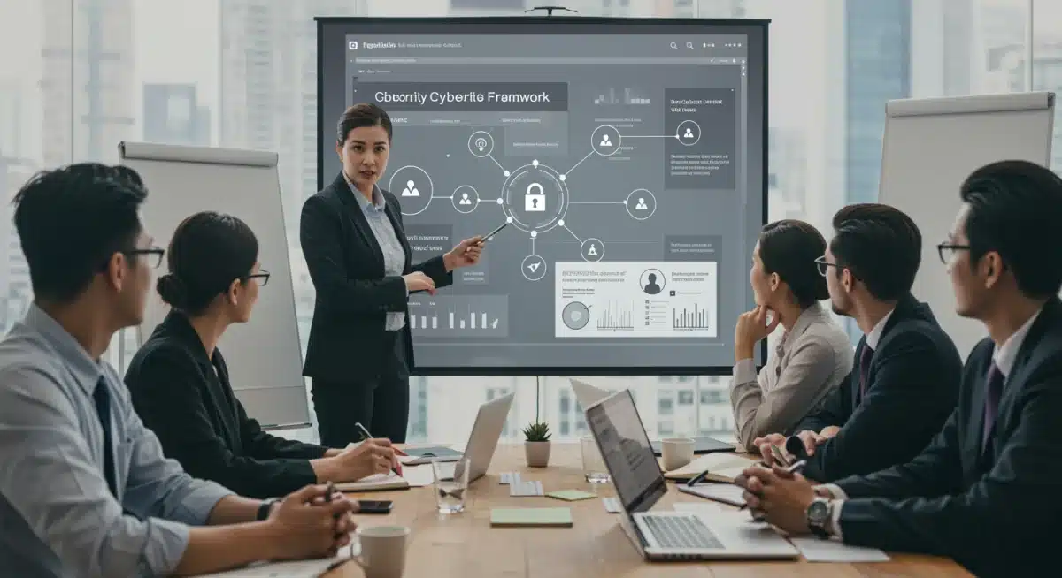 Business leaders discussing new cybersecurity compliance regulations in a meeting