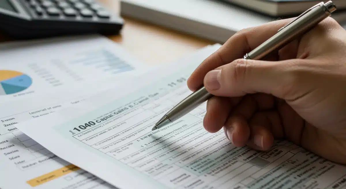 Hand pointing to capital gains section on 2026 tax form
