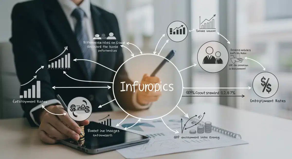Infographic illustrating interconnected economic indicators influencing personal finance decisions in 2026, including inflation, interest rates, and employment.