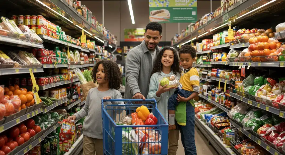 Diverse family happily shopping for healthy groceries, representing the positive impact of SNAP benefits on families.
