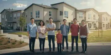 Diverse individuals standing in front of a modern affordable housing complex, representing federal housing benefit recipients.