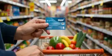 Person holding SNAP EBT card in grocery store, symbolizing food assistance and benefits.
