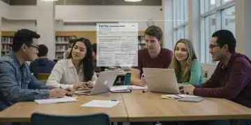 Students collaboratively navigating FAFSA forms on laptops in a modern library
