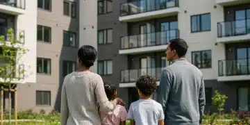 Family looking at modern apartment building, symbolizing housing stability