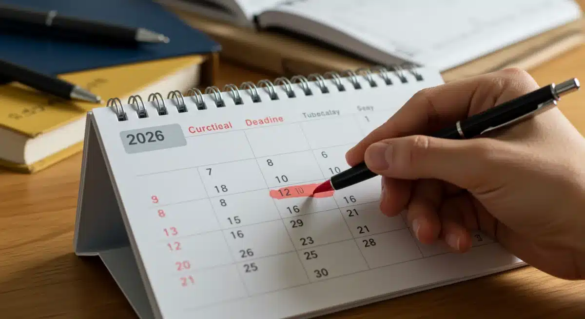 Hand highlighting 2026 college application deadline on a calendar