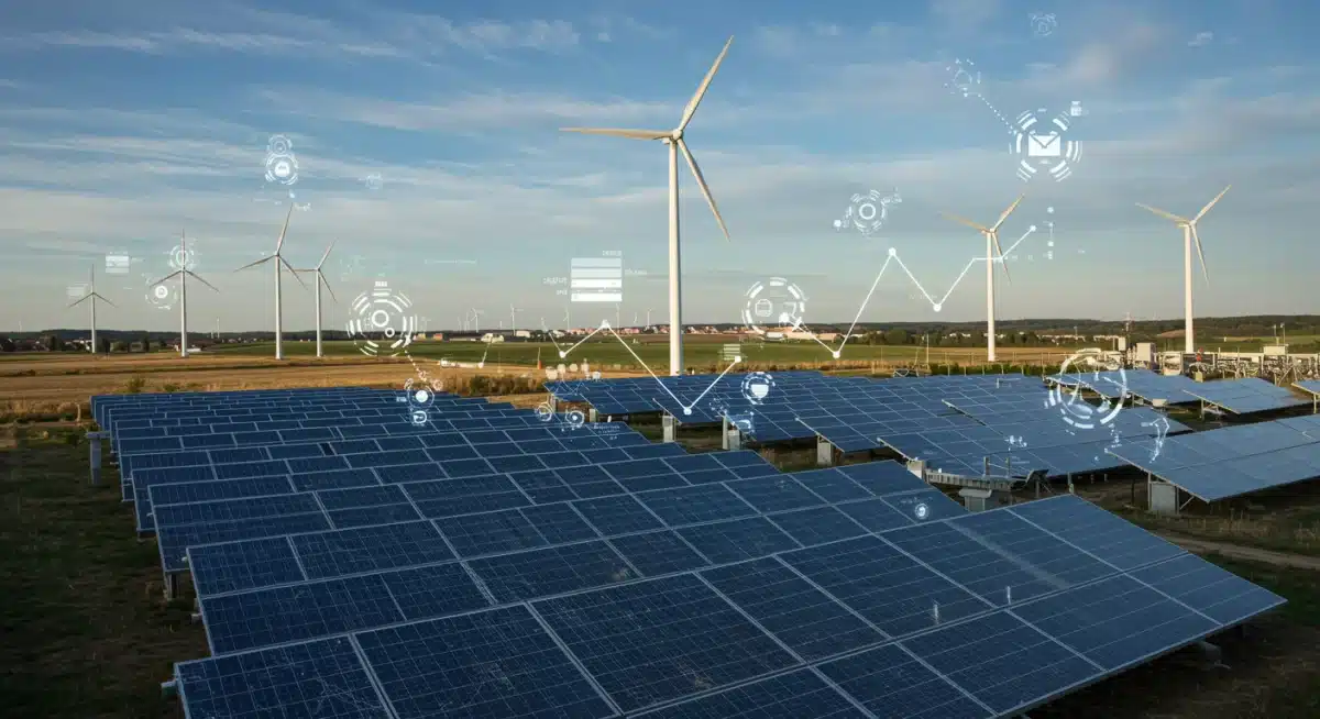 Renewable energy infrastructure with growth charts, symbolizing sustainable high-yield investments