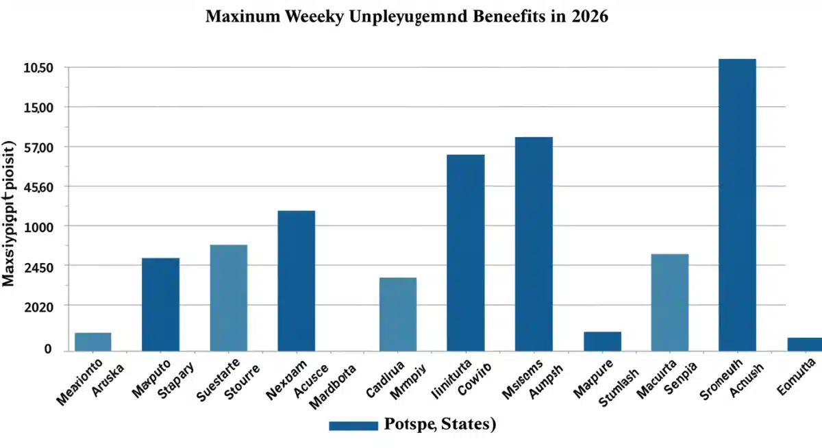 Bar chart comparing maximum weekly unemployment benefits in US states for 2026.