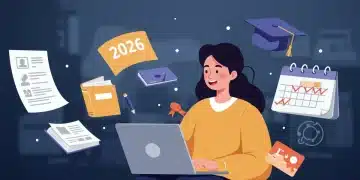 Student preparing 2026 college applications with a laptop and educational icons