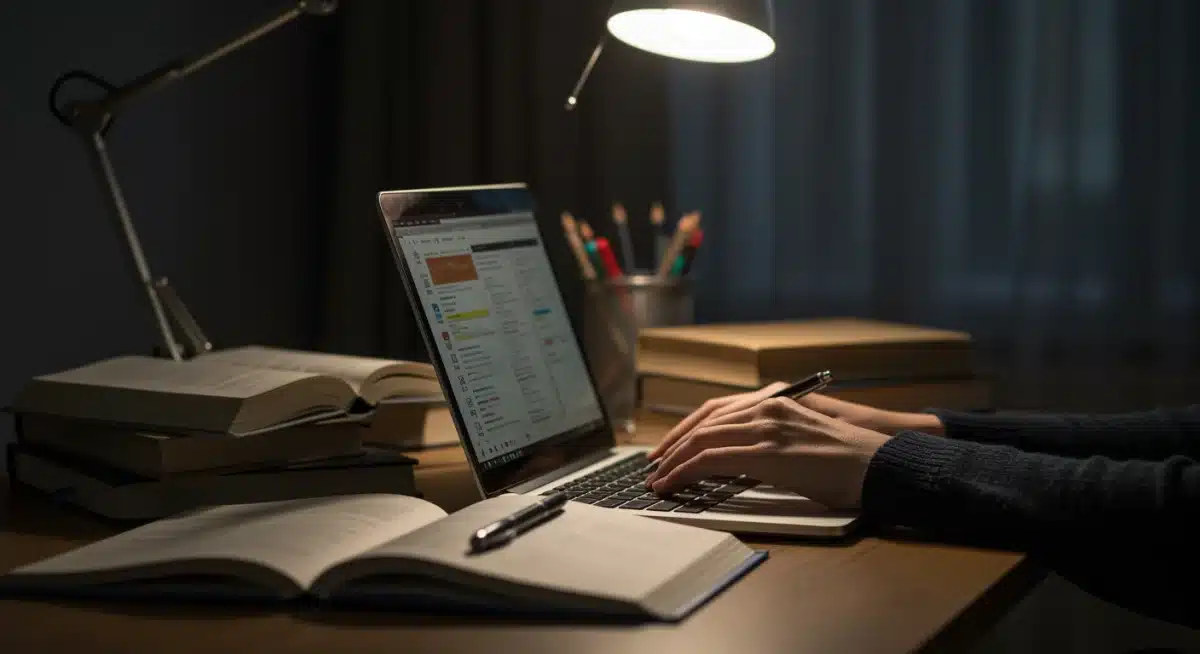 Student researching scholarship applications on laptop