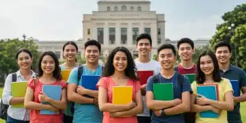 Students celebrating scholarship success in front of a university building