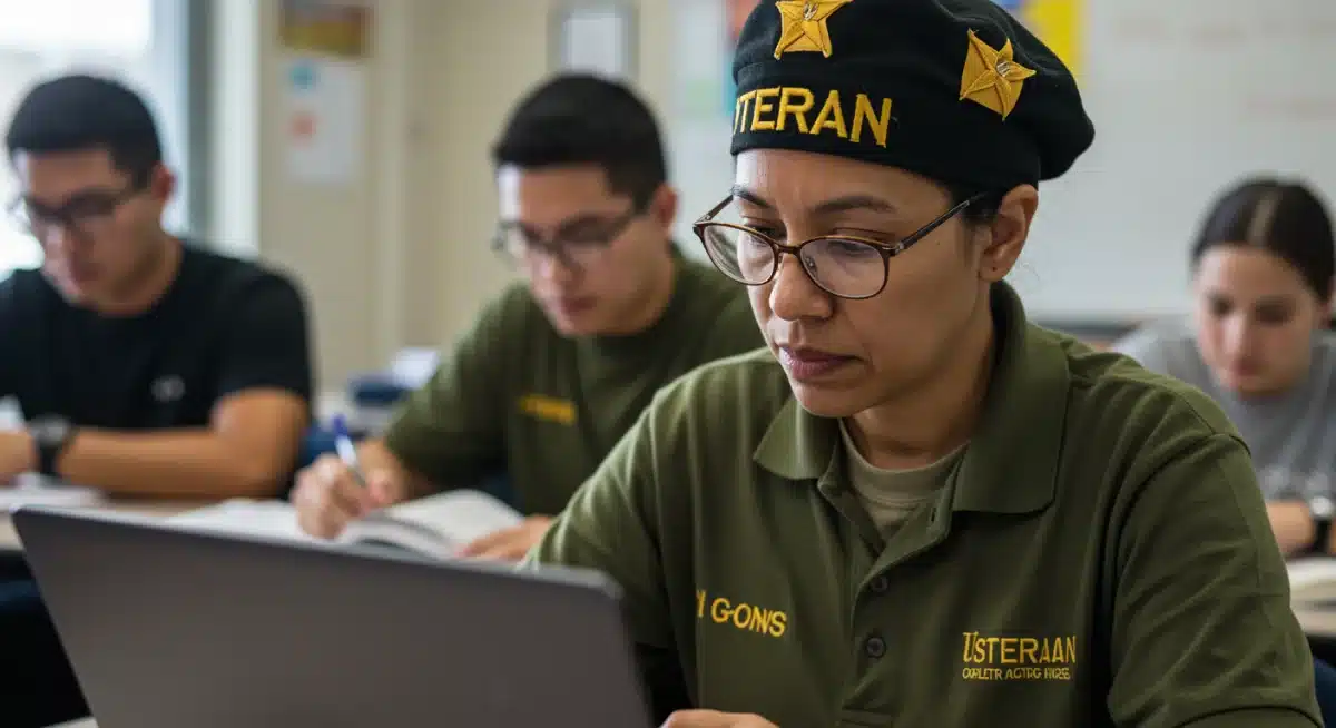 Veteran studying in a modern classroom setting with educational materials