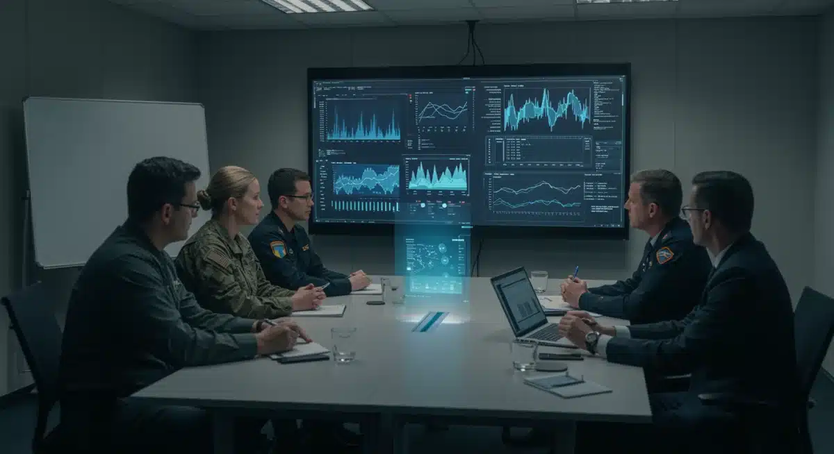 Intelligence analysts reviewing cybersecurity data on a holographic display.