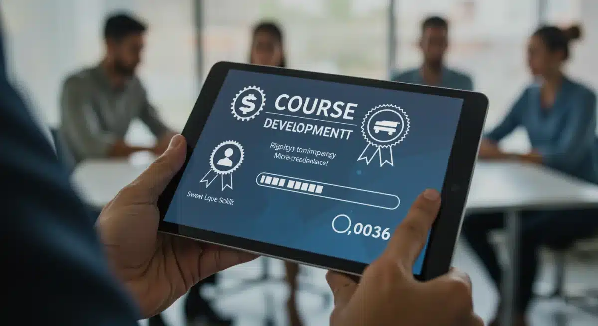 Hand holding tablet with micro-credential course and digital badge.