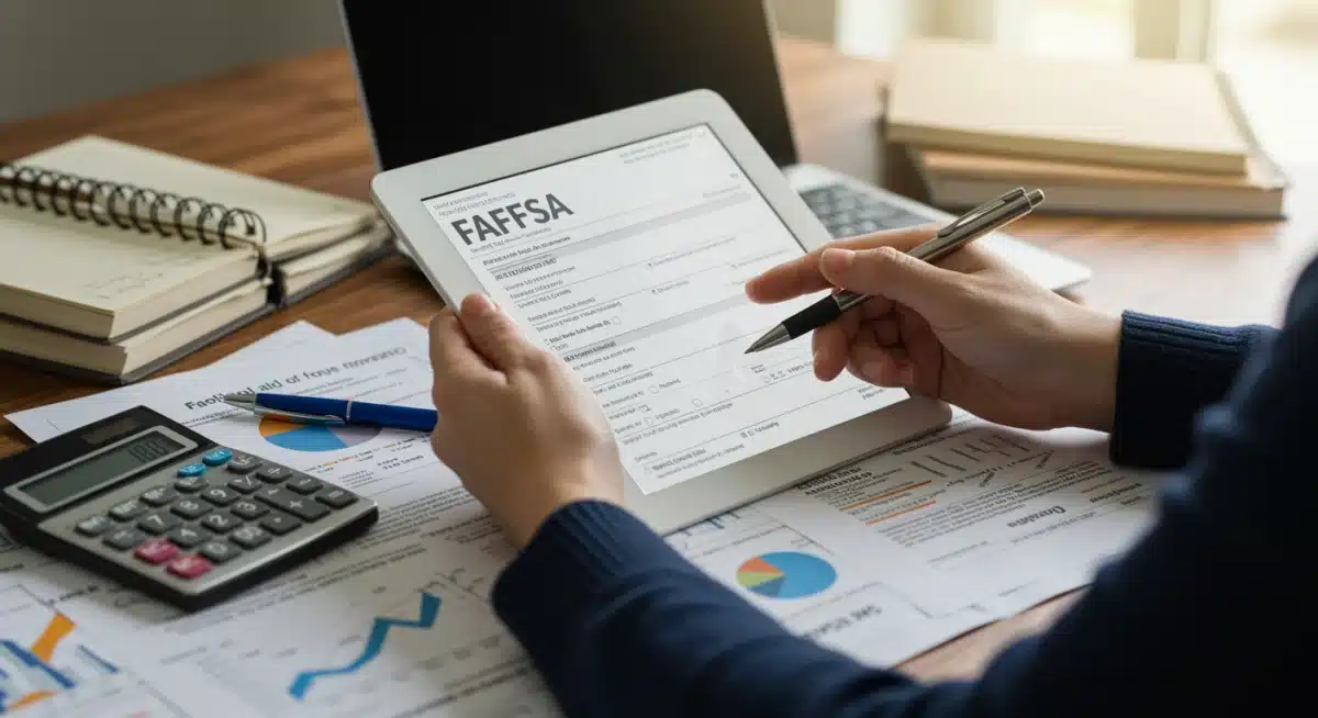 Hands completing a digital FAFSA form on a tablet, surrounded by financial documents.