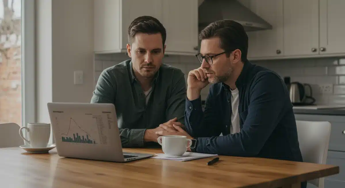 Couple analyzing mortgage statements and financial charts on a laptop.