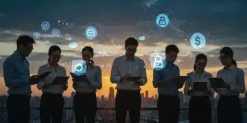 Professionals engaging in micro-credential learning with digital badges and a futuristic city backdrop.