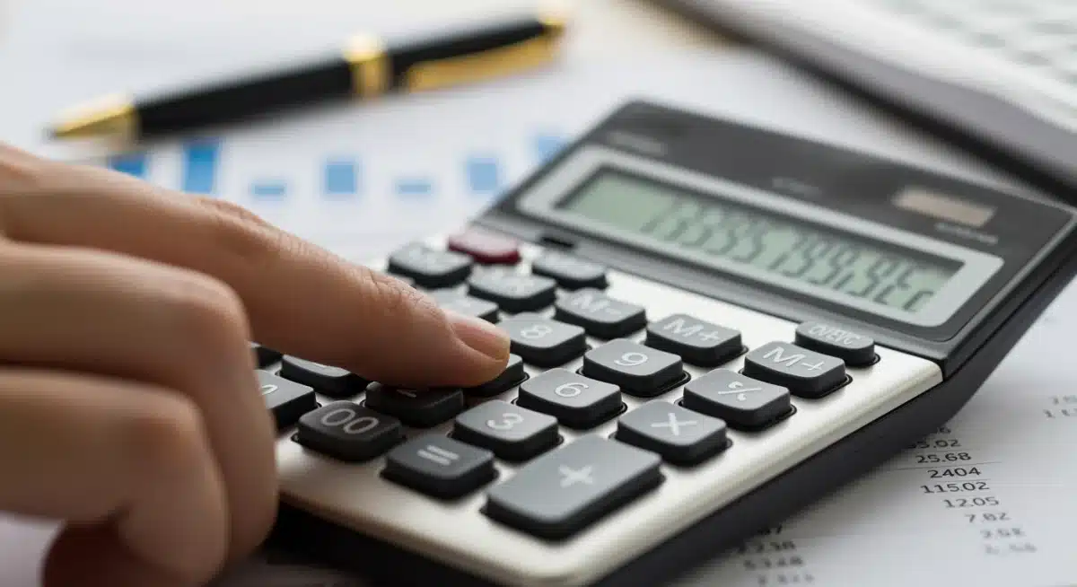 Hand using a financial calculator to determine mortgage costs.