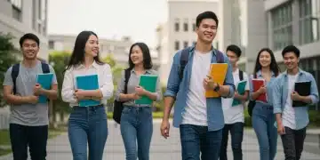 Diverse students on campus with textbooks, symbolizing educational opportunities and federal aid.