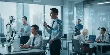 Professionals working alongside AI and robotics in a modern office, representing the evolving US labor market with automation.