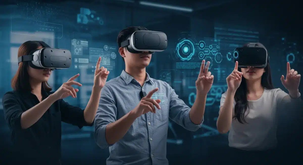 People participating in virtual reality training for upskilling in digital and tech-related fields.