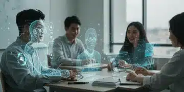 Students learning with AI tutors and interactive displays in a modern classroom, symbolizing the future of education.