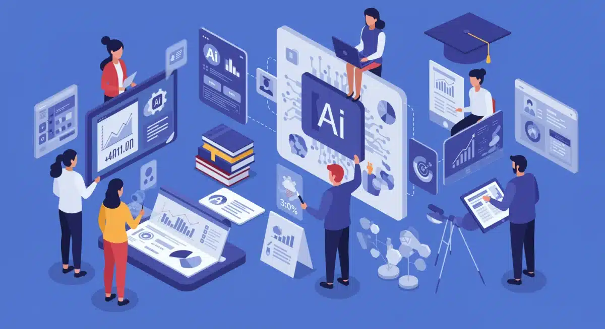 Educators collaborating with AI tools for curriculum design and student assessment.