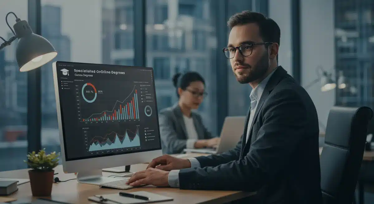 Professional analyzing career growth data, highlighting the impact of online degrees on career advancement.