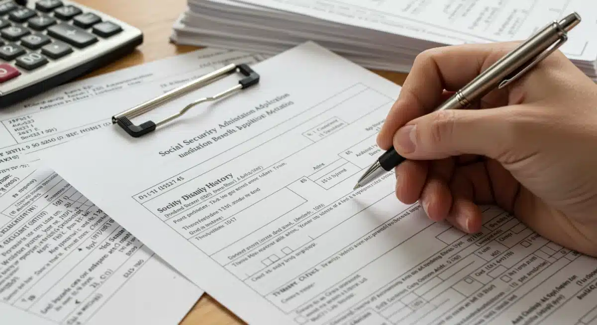Hand filling out a Social Security Disability Benefits application form
